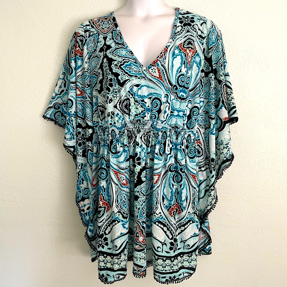 Cacique Swim 22 / 24 Cover Up Pullover Coverup Aqua Black print